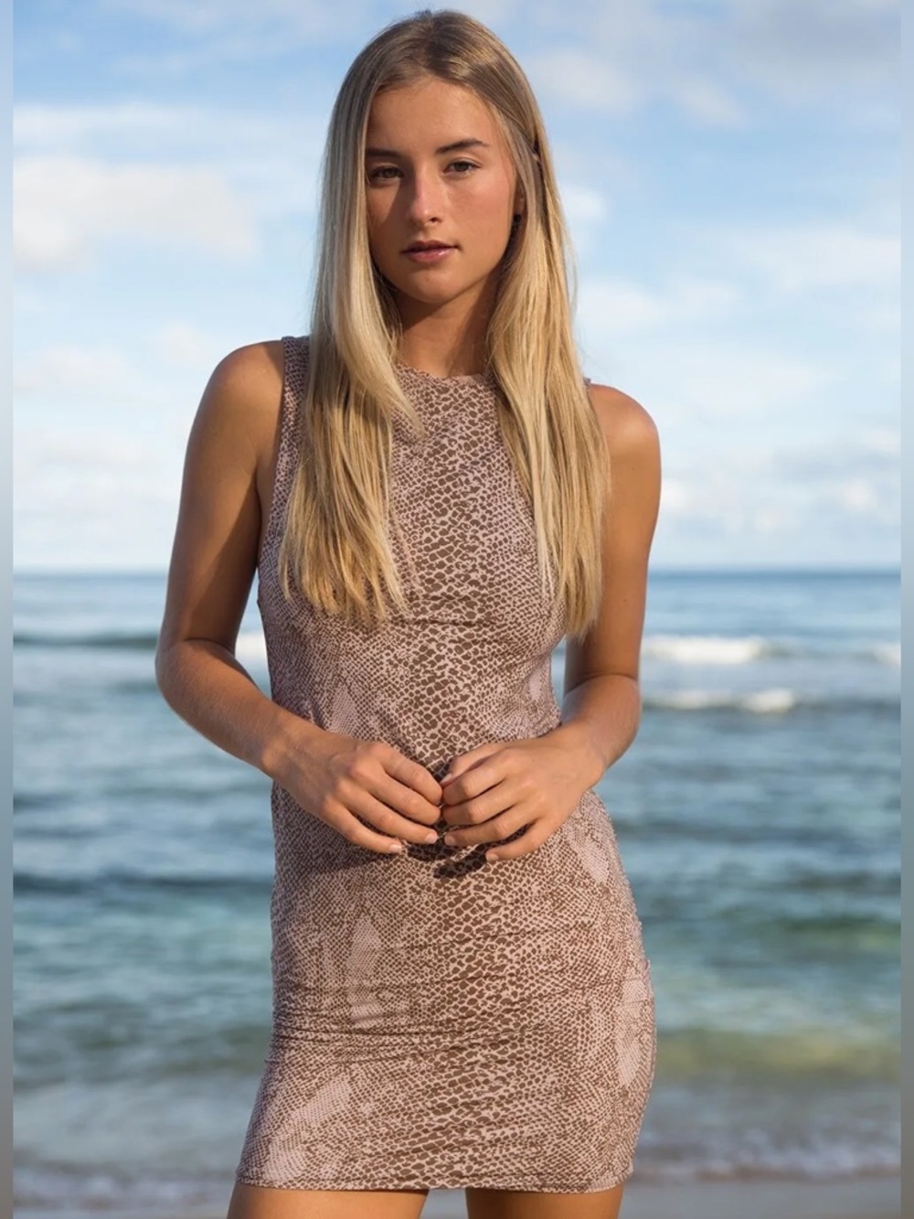 BRAND NEW Acacia Tulum bodycon skims slip lining Mini Dress Brown Snakeprint S P